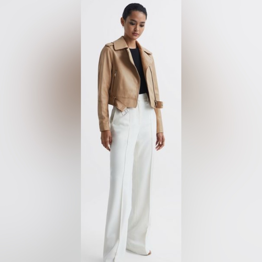 REISS Tyler Leather Biker Jacket in Neutral Size 6 New - Picture 3 of 11